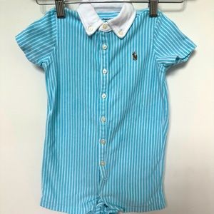 Cotton Mesh Polo Shortall. Aqua and white. Size 18M.